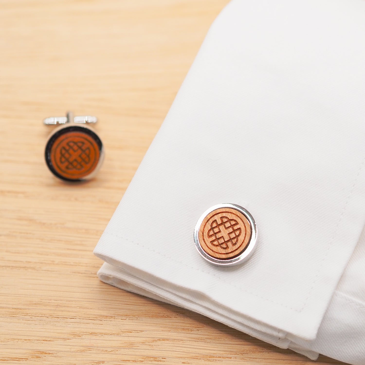 Cherry Wood Cufflinks in Rhodium Bezels