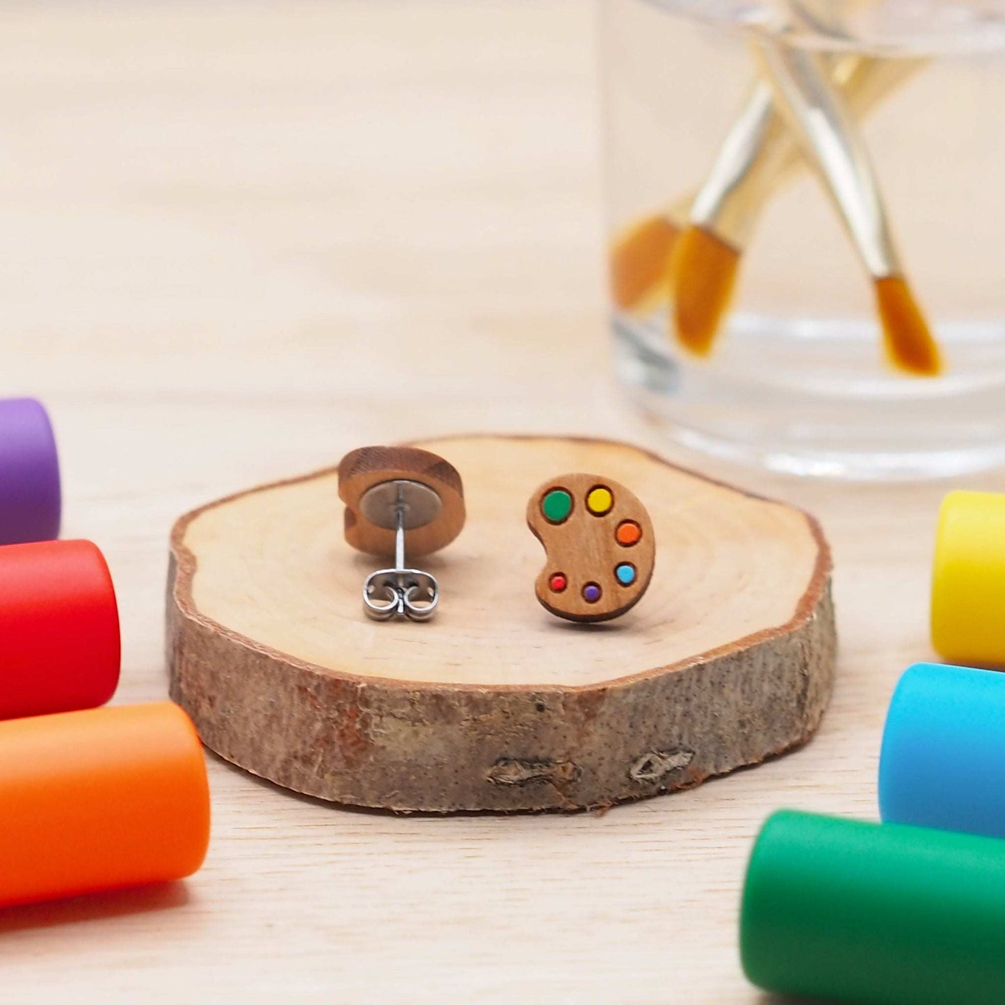 Art palette stud earrings in solid cherry wood hand painted