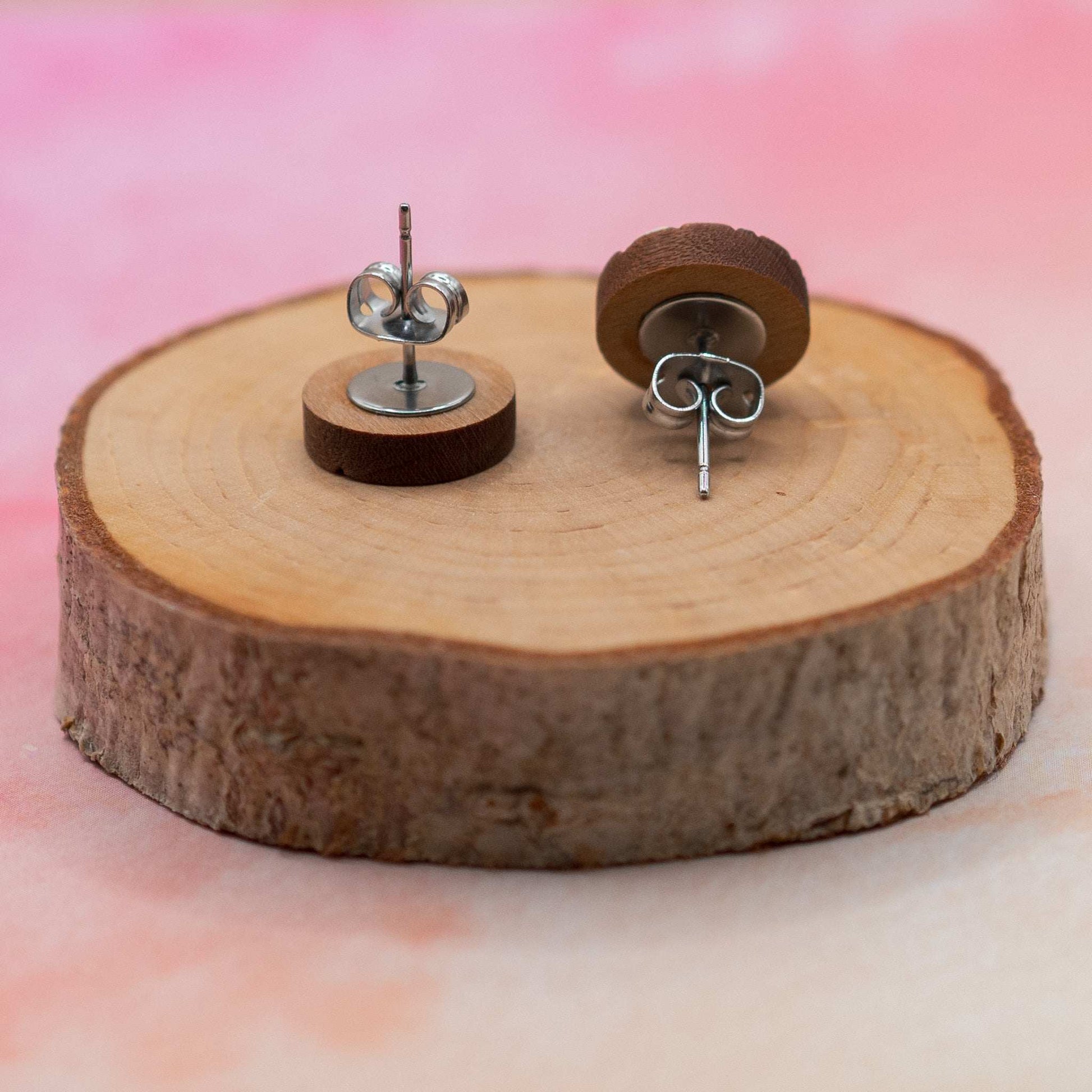 Monochrome geometric painted stud earrings in solid cherry wood