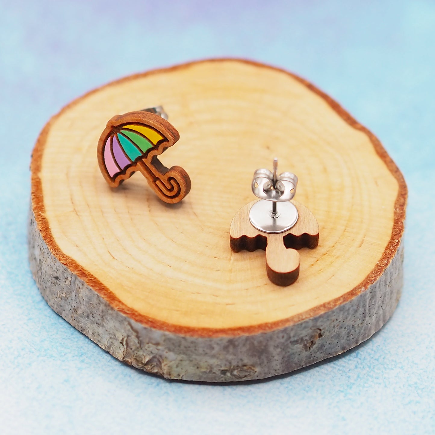 Pastel rainbow umbrella wooden stud earrings