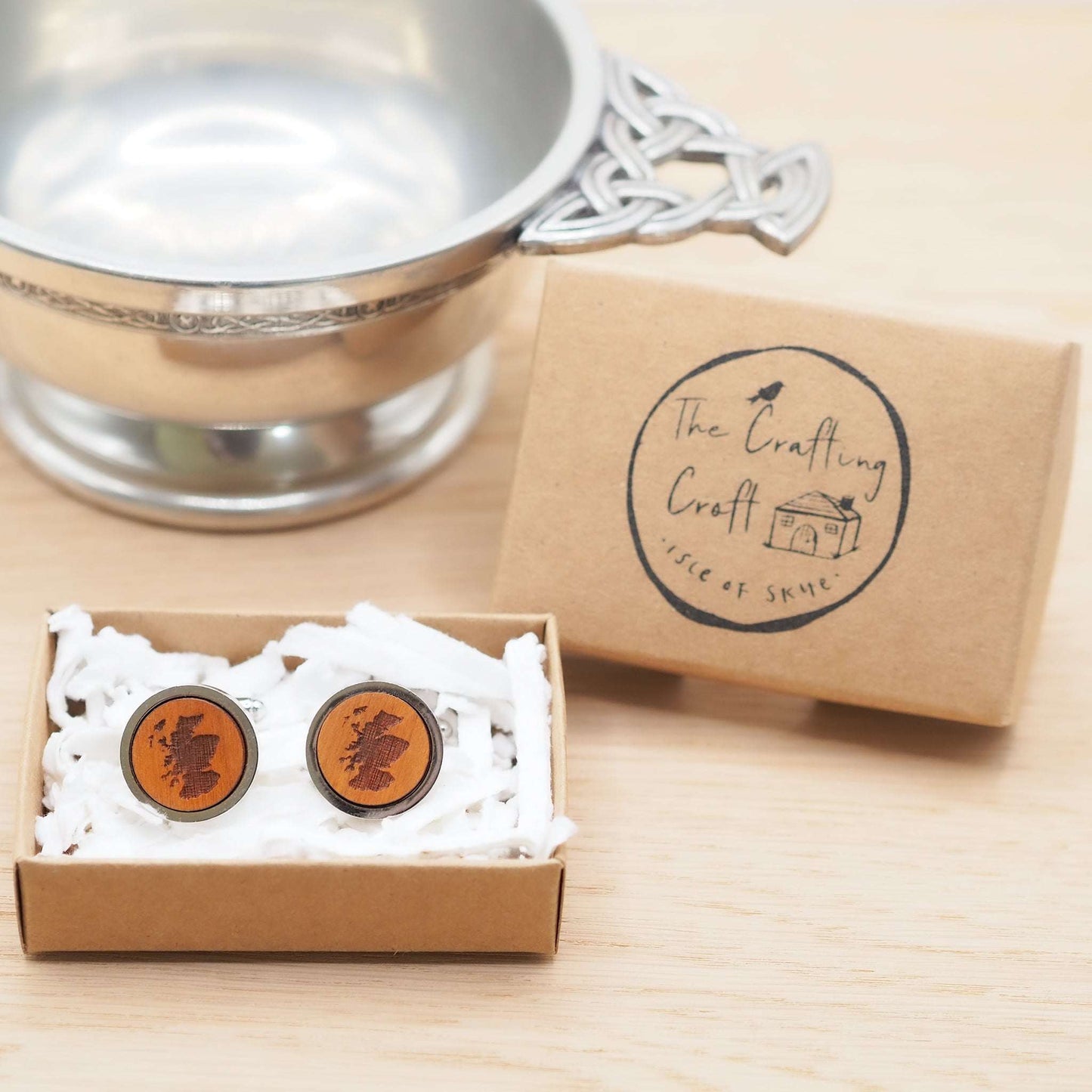 Scotland outline wooden cufflinks. Made on The Isle of Skye