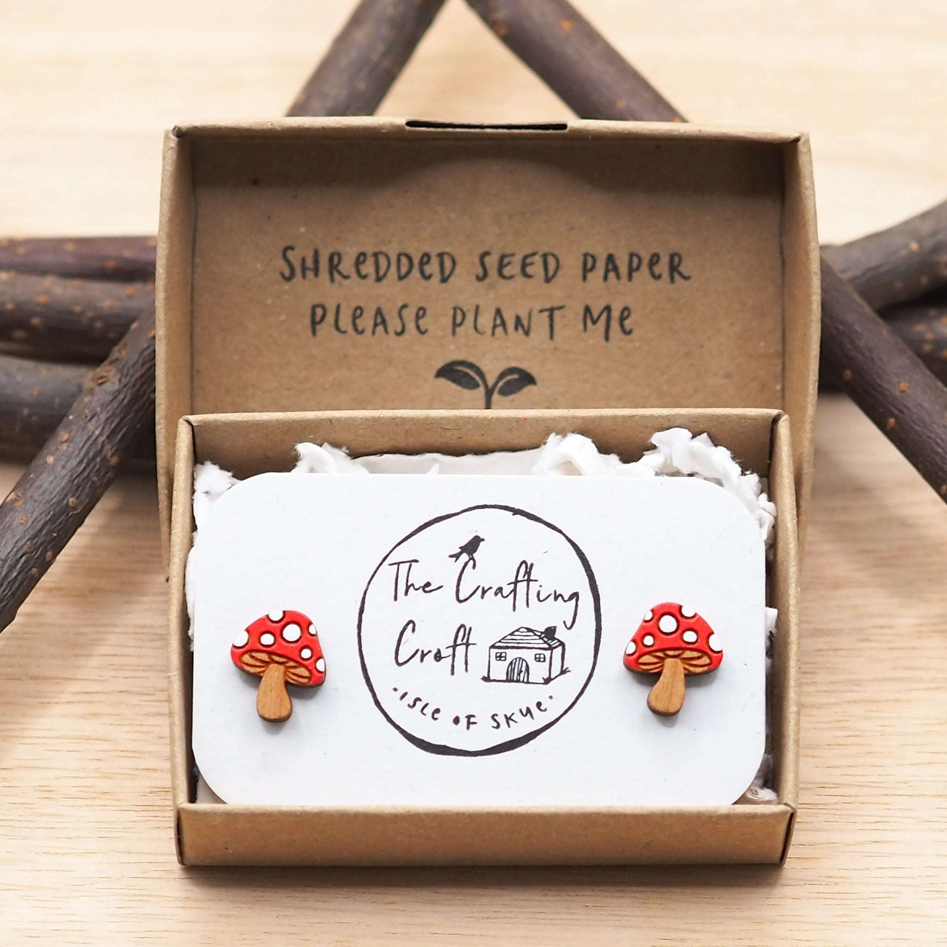 Mushroom stud earrings, laser cut from solid cherry wood, hand painted, eco-friendly packaging.