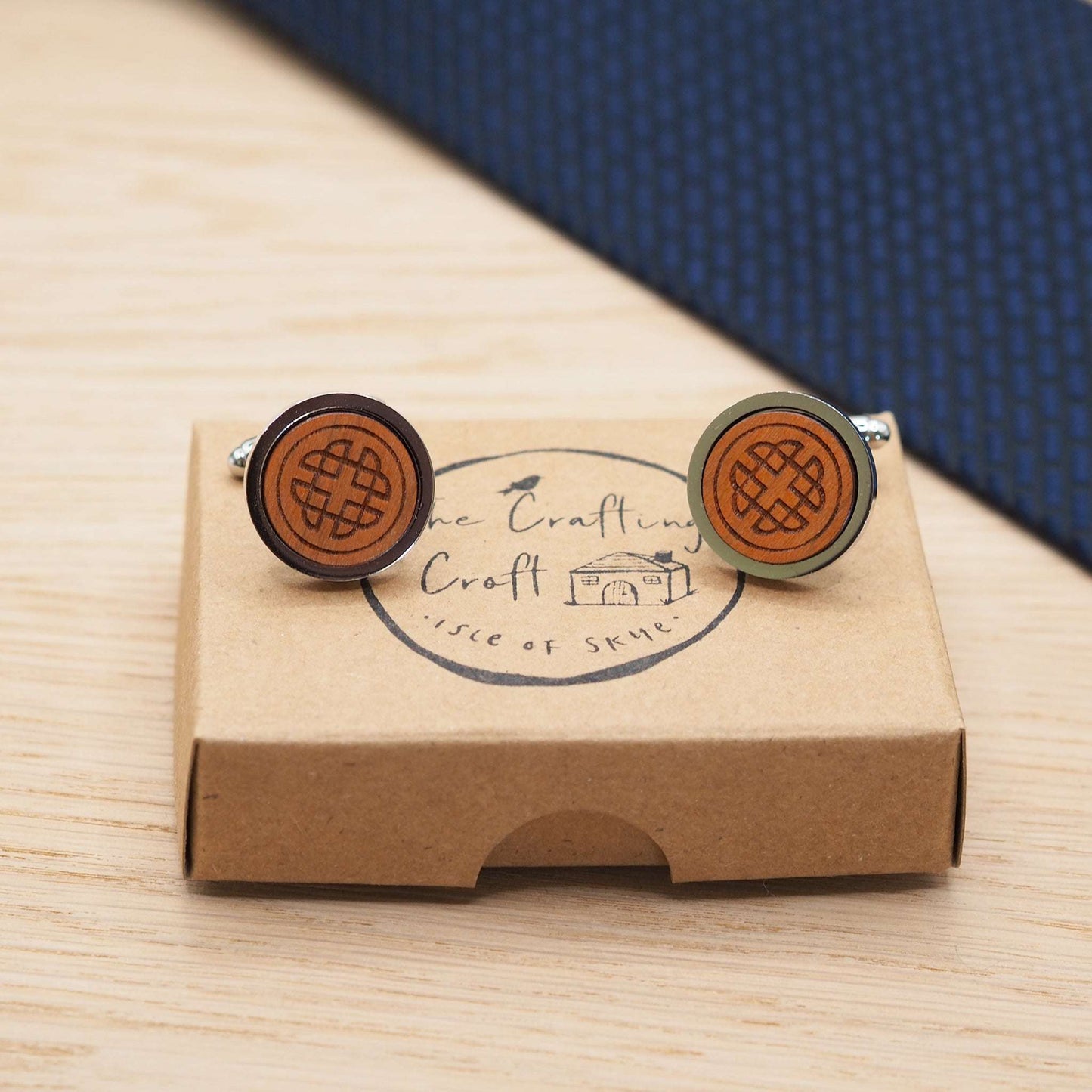 Intricate celtic knot wooden cufflinks, made on The Isle of Skye, Scotland