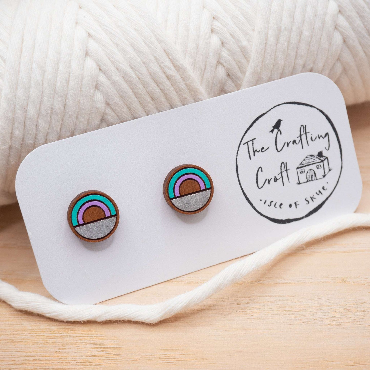 Teal rainbow style painted stud earrings in solid cherry wood hand painted