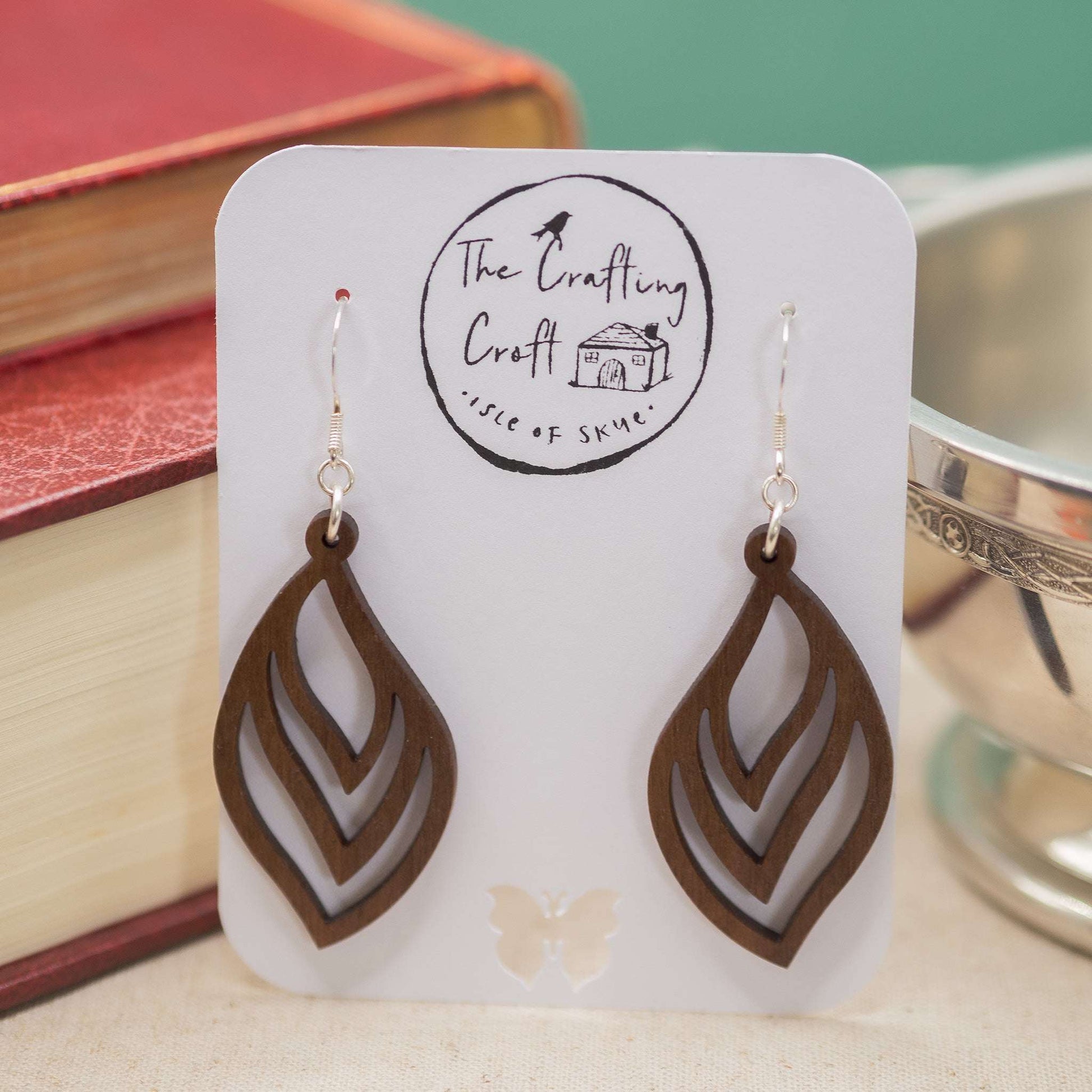 Curved teardrop drop earrings laser cut solid walnut wood with delicate beeswax protective coating