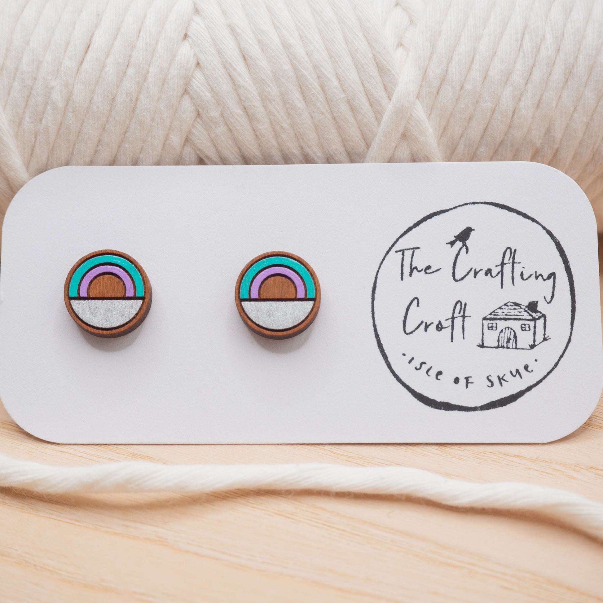 Teal rainbow style painted stud earrings inspired by Isle of Skye rainbows