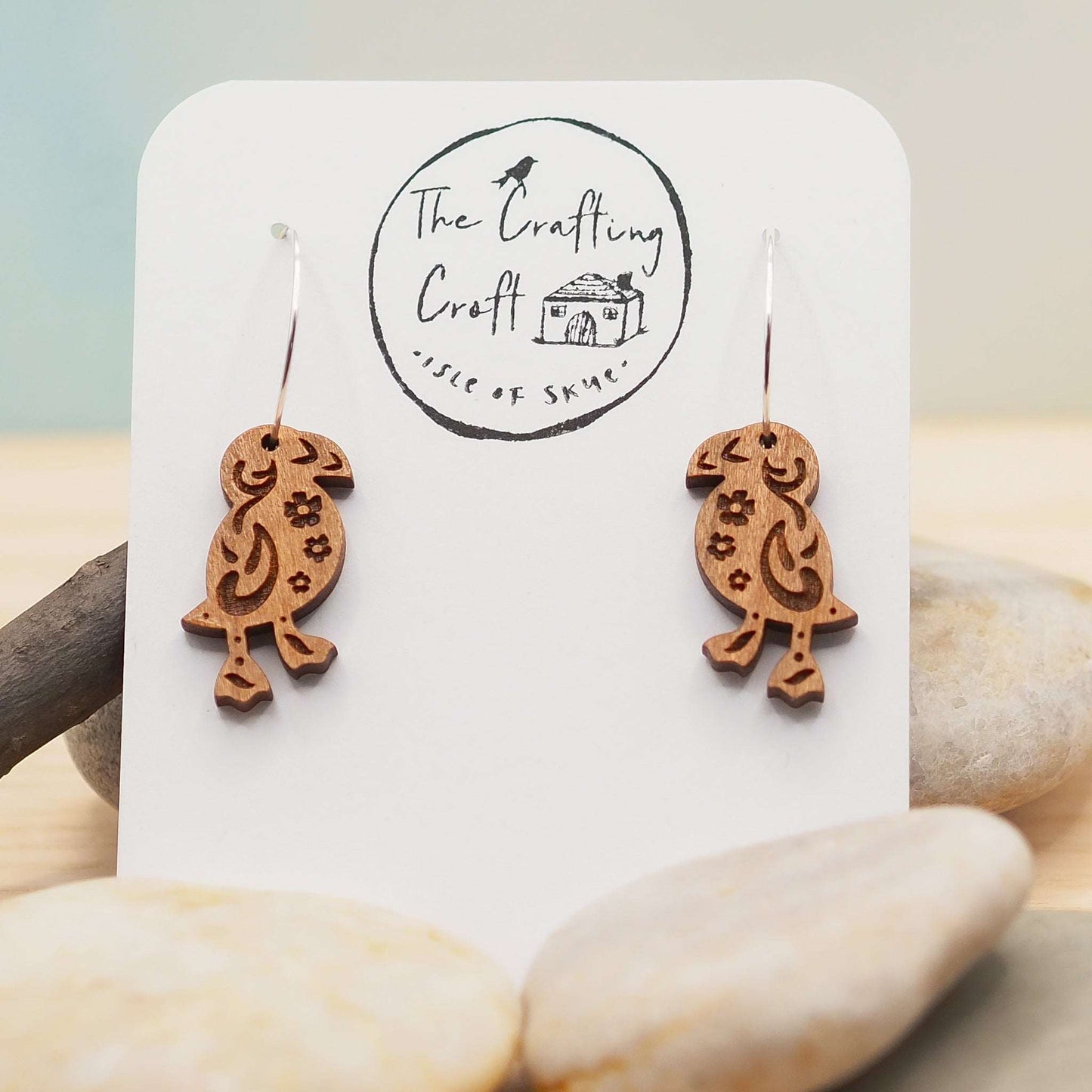 Puffin engraved hoop earrings, solid cherry wood sustainable jewellery