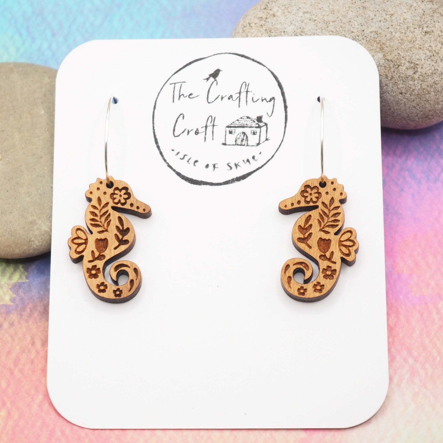 Seahorse engraved hoop earrings, sustainable wooden jewellery