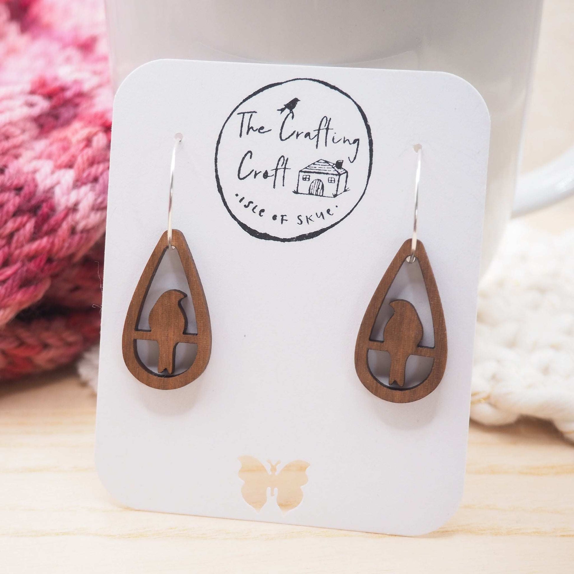 Laser cut, hand finished perching bird teardrop hoop earrings