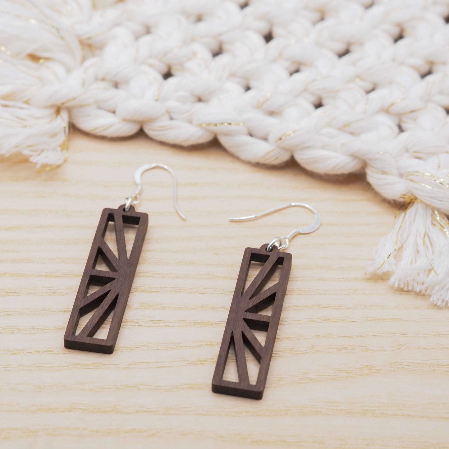 Geometric sunburst drop earrings on recycled sterling silver hooks