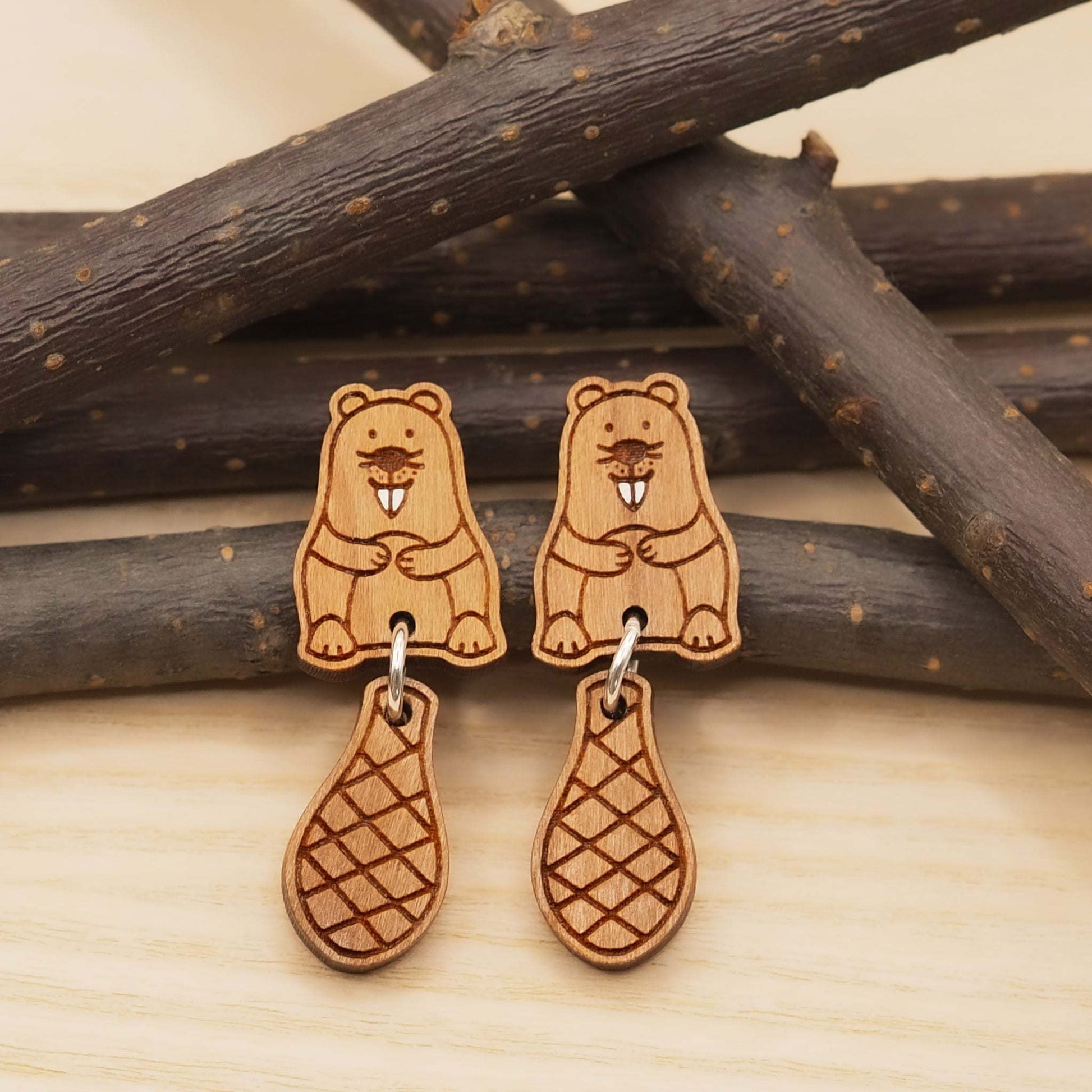 Hand painted beaver earrings 