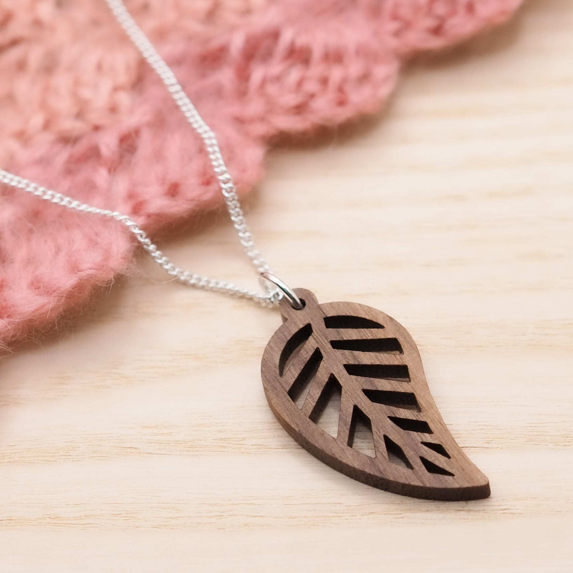 Leaf outline necklace hung on 18" 100% recycled sterling silver chain