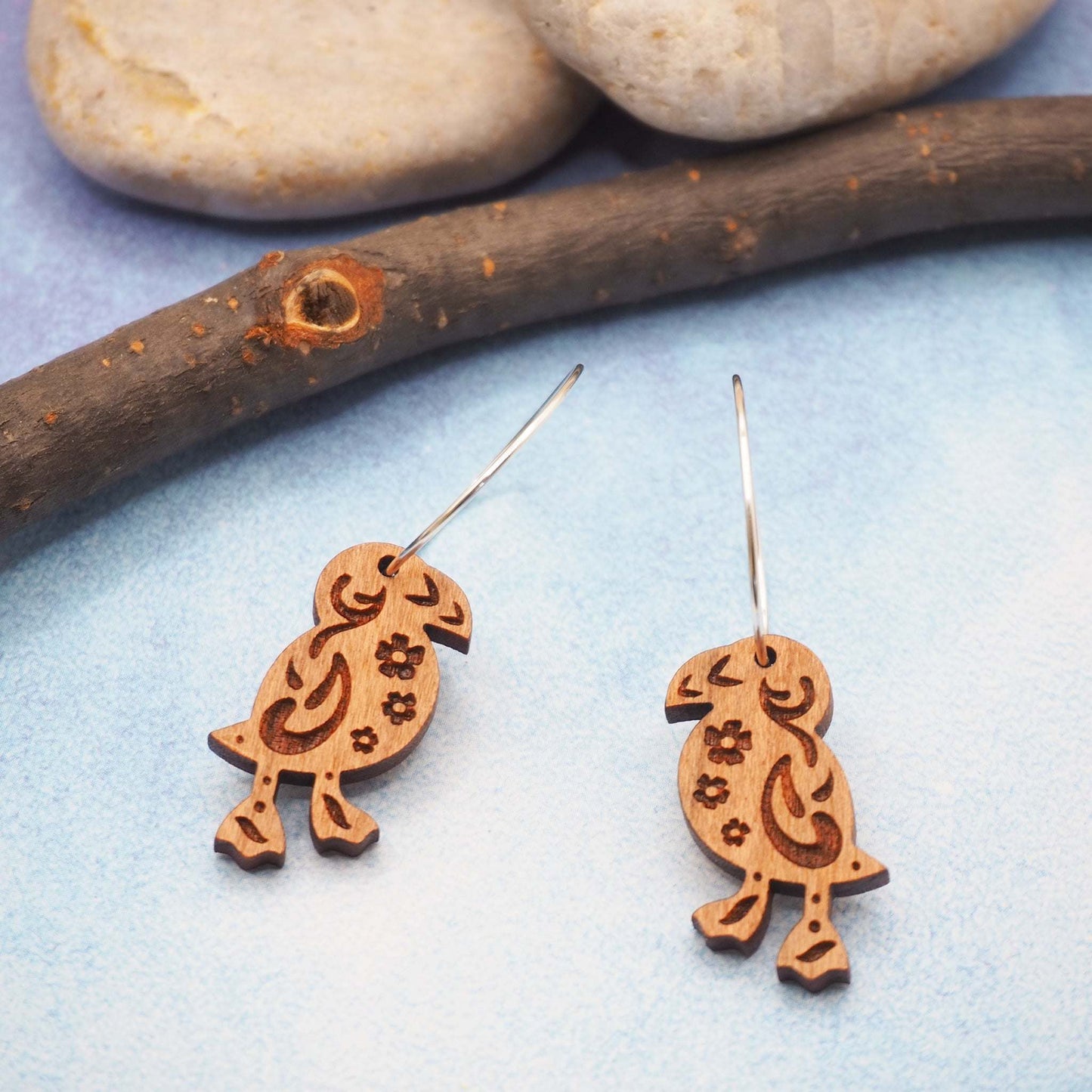 Puffin engraved hoop earrings, delicate folksy engraved pattern