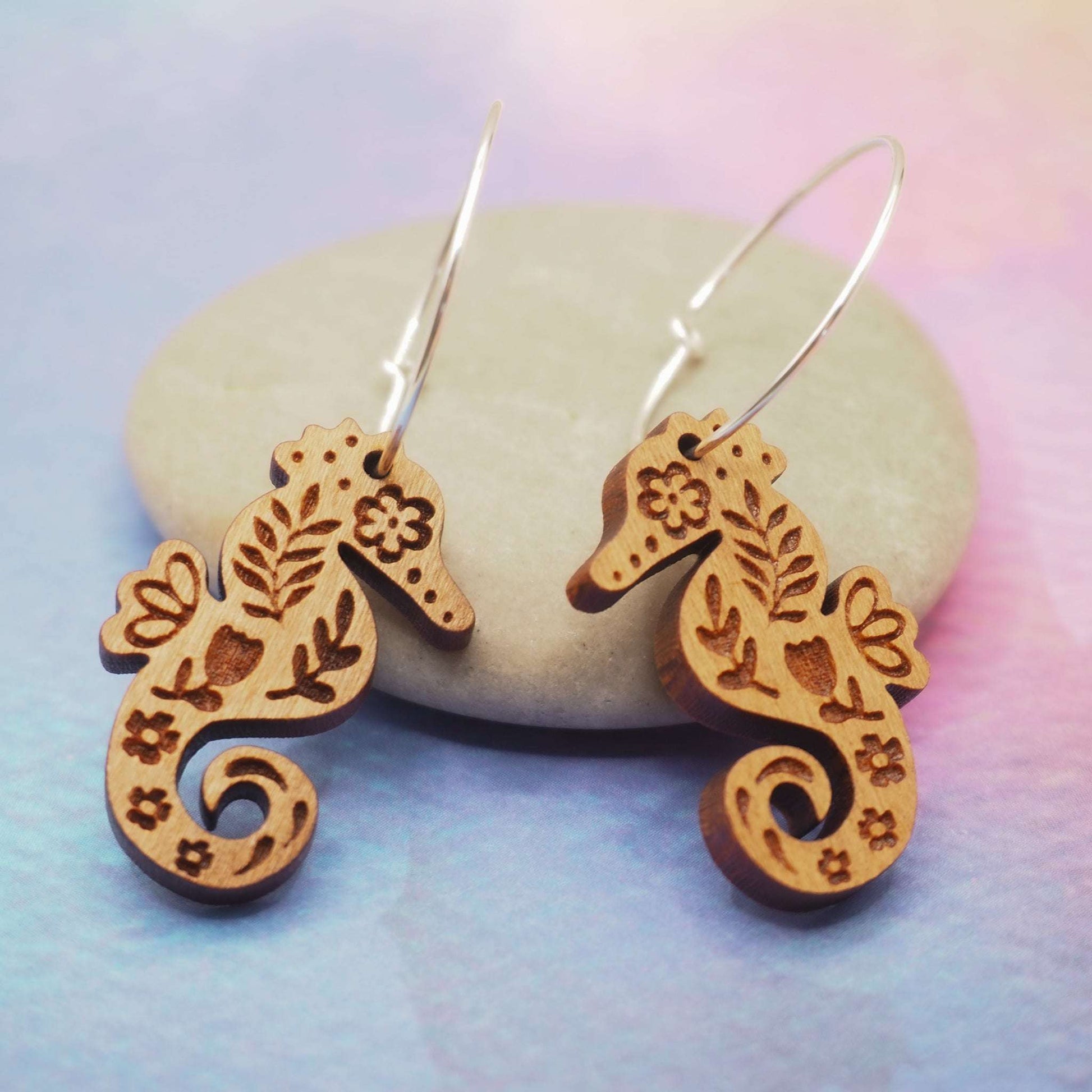 Seahorse engraved hoop earrings, intricate folksy engraved