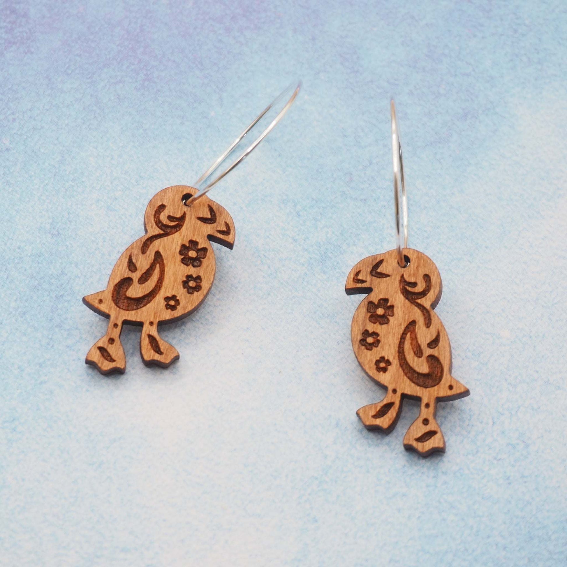 Puffin engraved hoop earrings, for all bird lovers