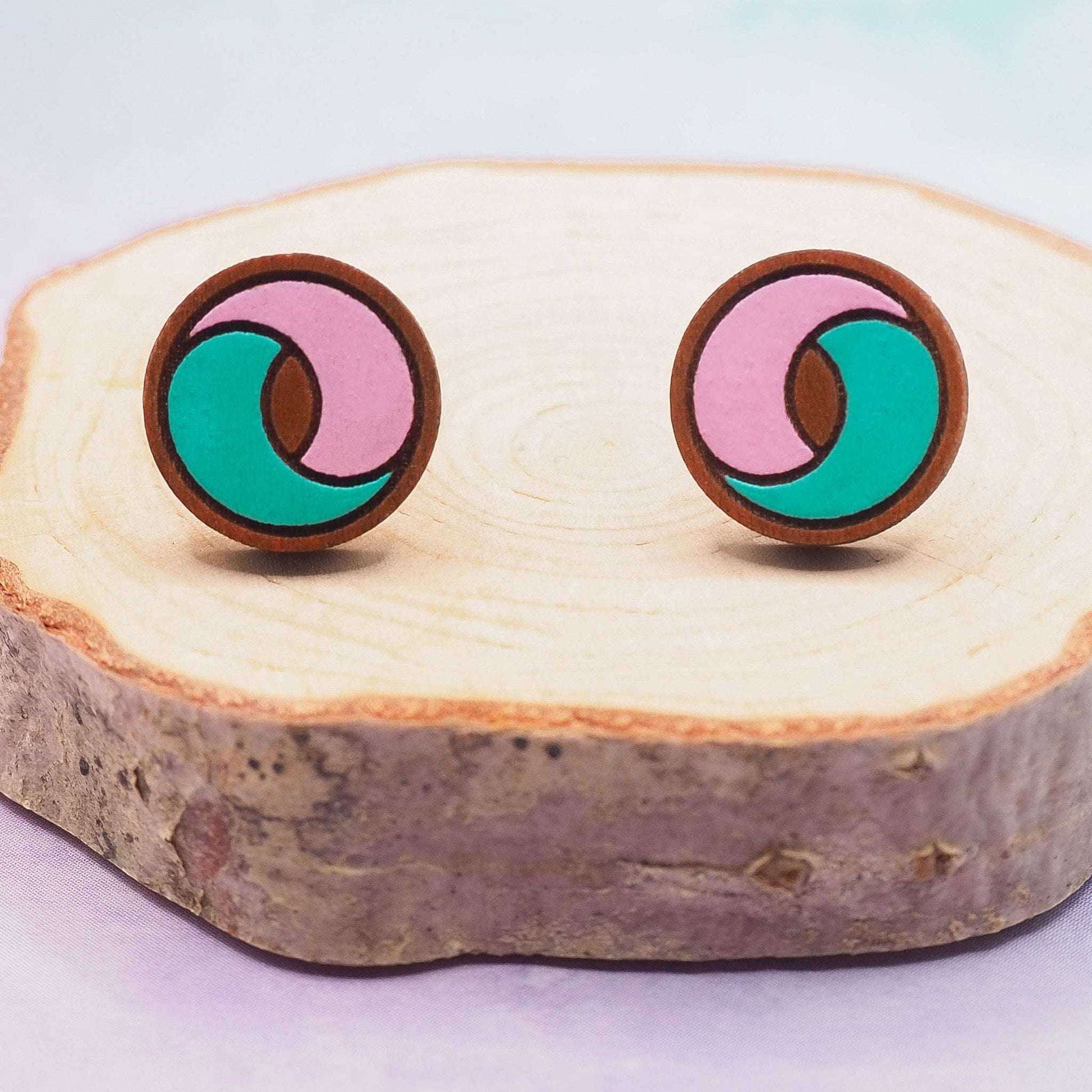 Ying and Yang pink and turquoise painted stud earrings