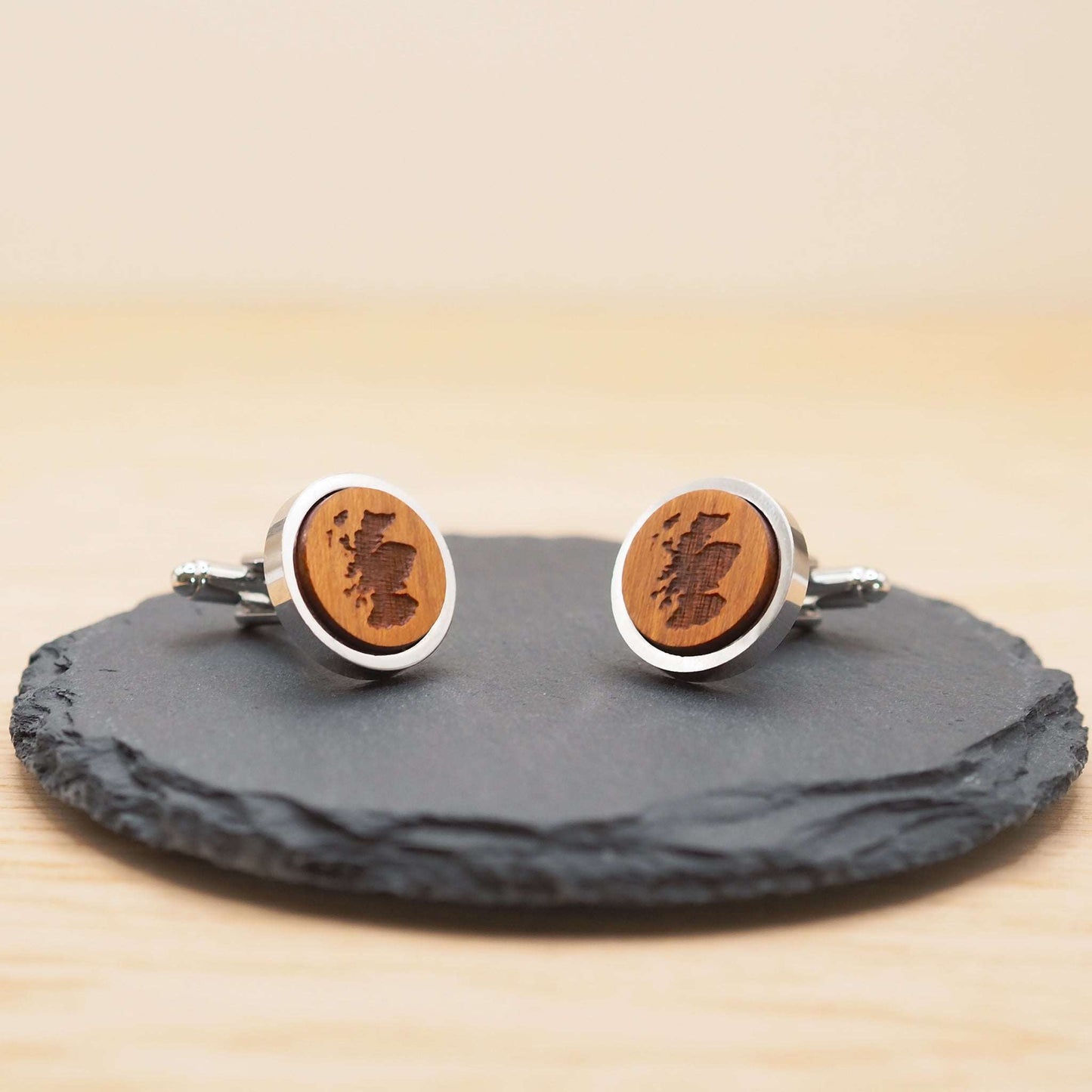 Scotland outline wooden cufflinks, solid cherry wood in rhodium bezels.