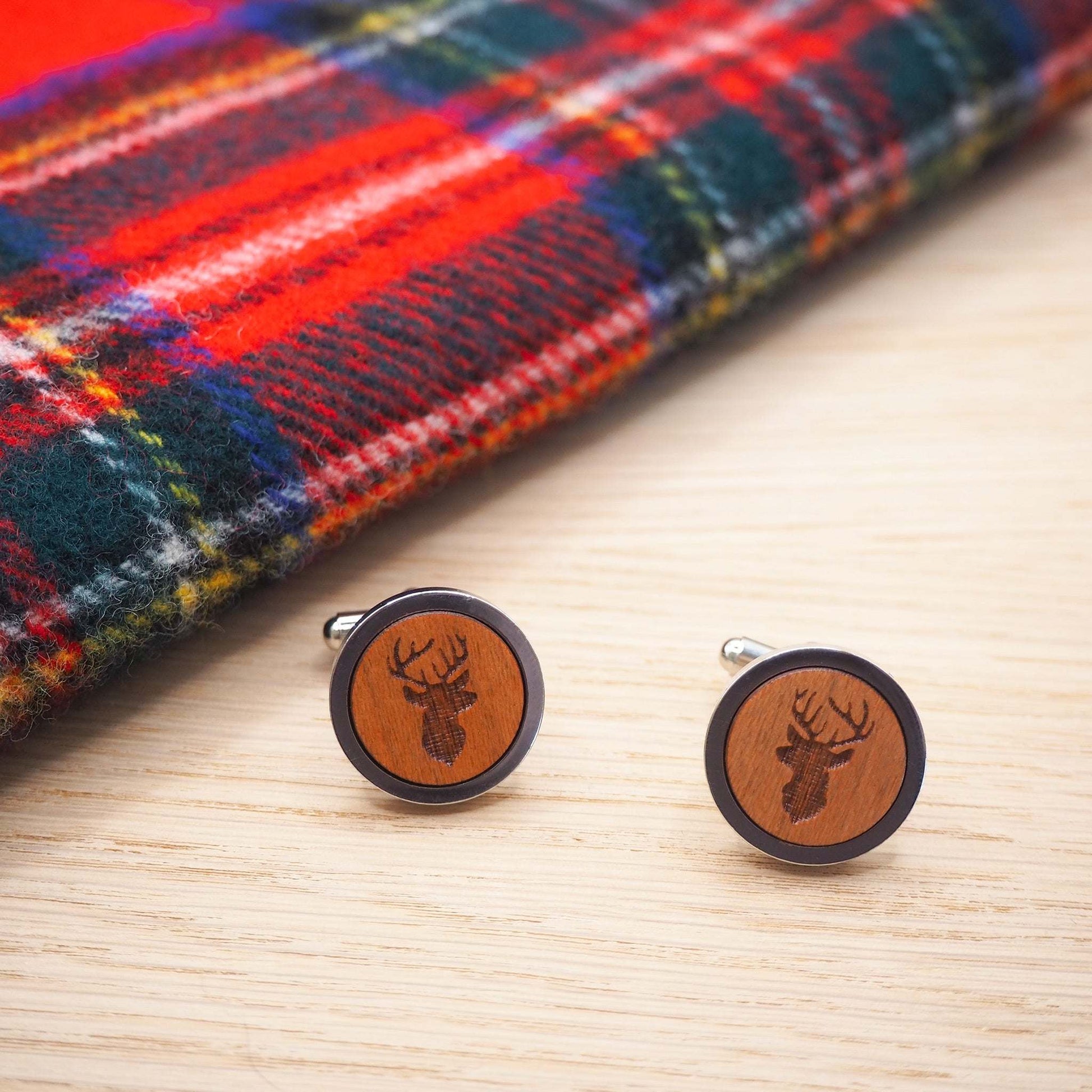 Stags head wooden cufflinks made on The Isle of Skye