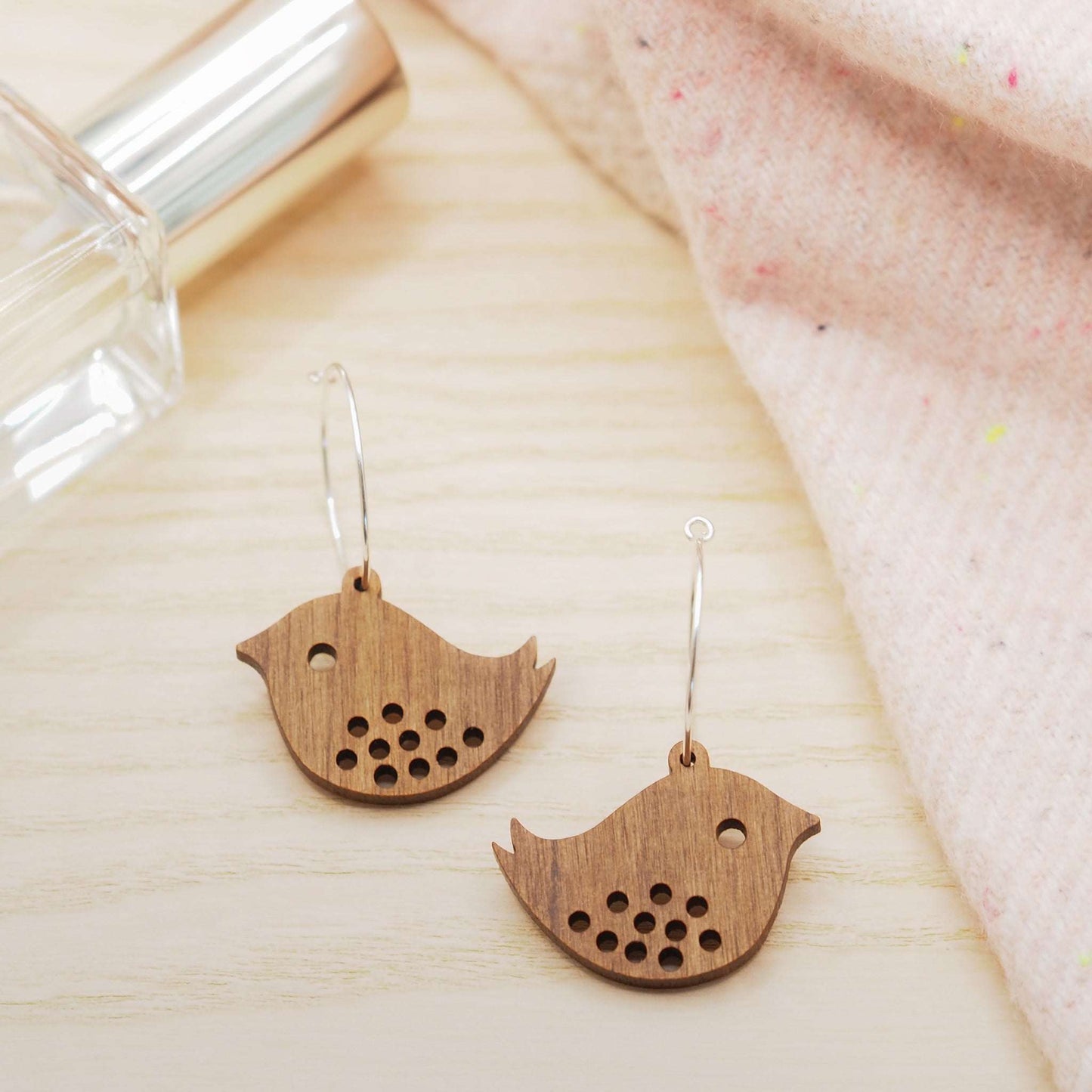 Quirky bird hoop engraved earrings