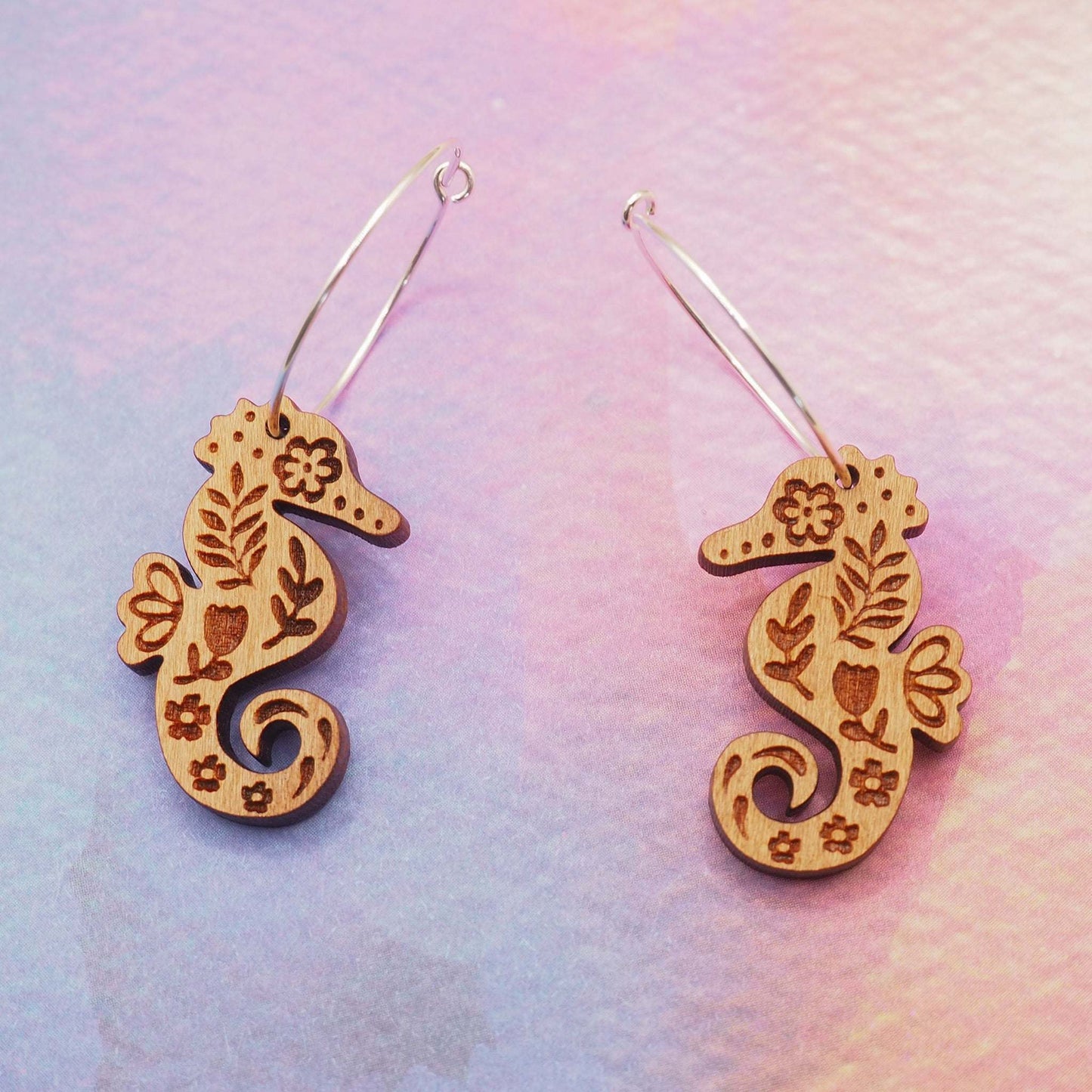 Seahorse engraved hoop earrings, a perfect gift