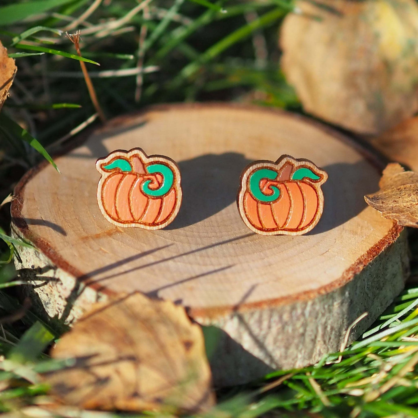 Pumpkin stud earrings, halloween ready in solid cherry wood hand painted