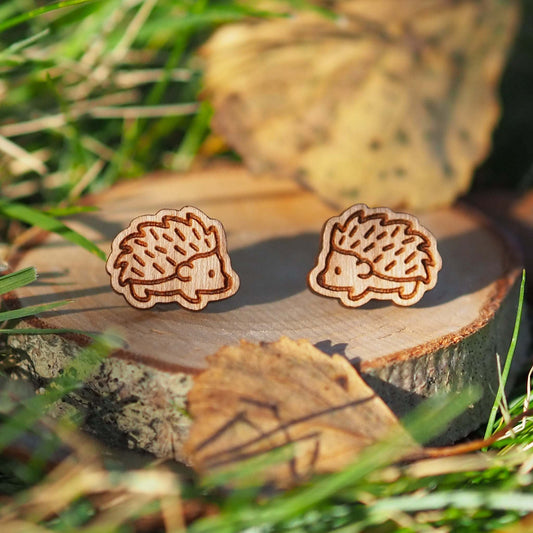 Hedgehog stud earrings, solid cherry wood, laser cut and hand painted