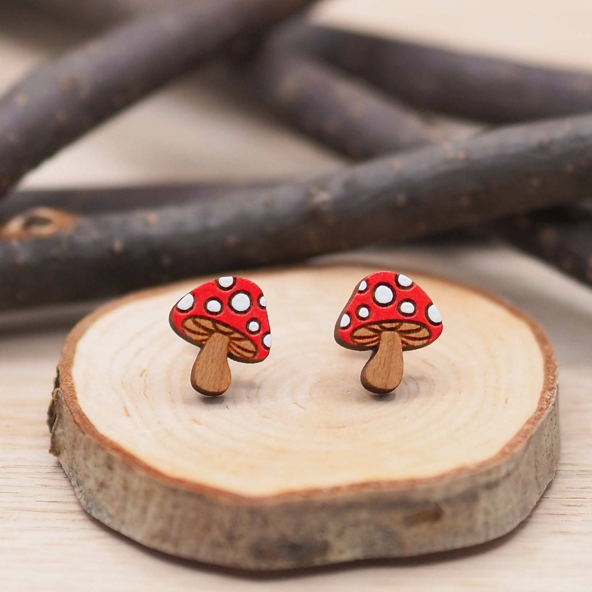 Mushroom stud earrings in solid cherry wood hand painted