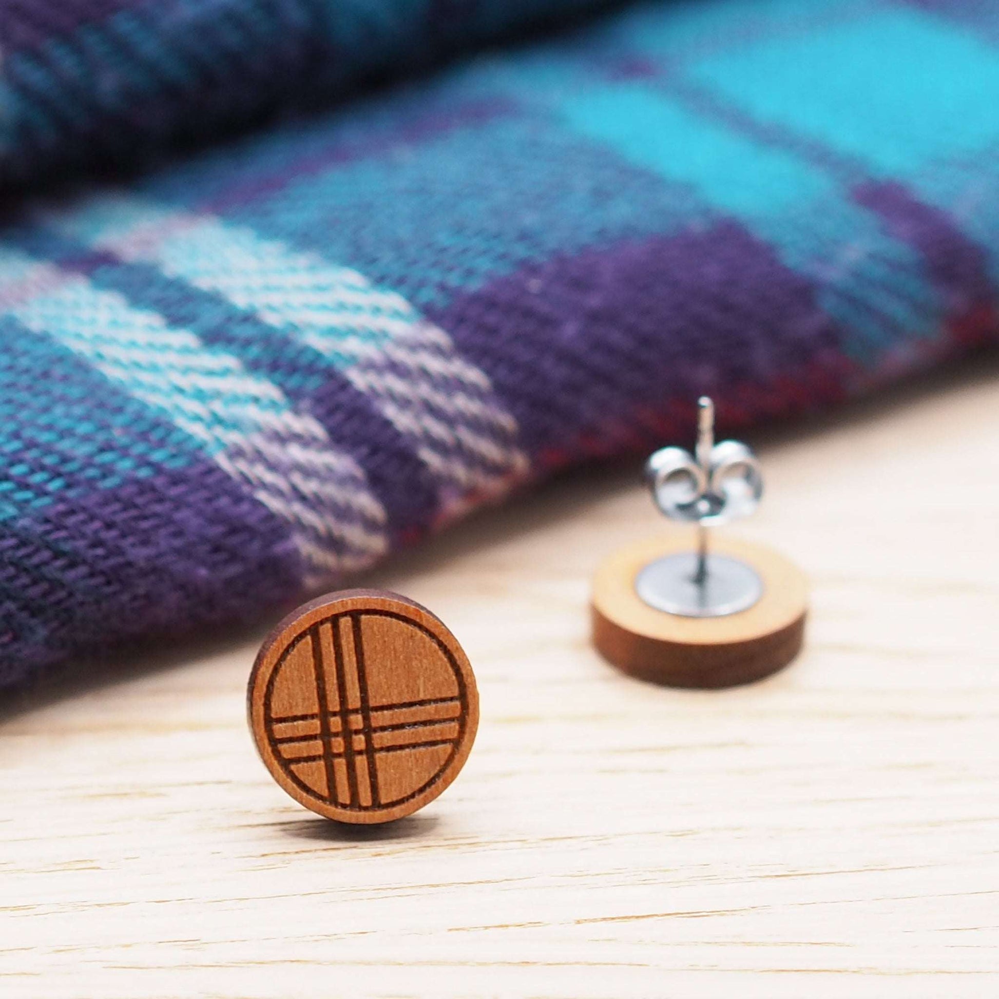 Tartan inspired stud earrings in solid cherry wood