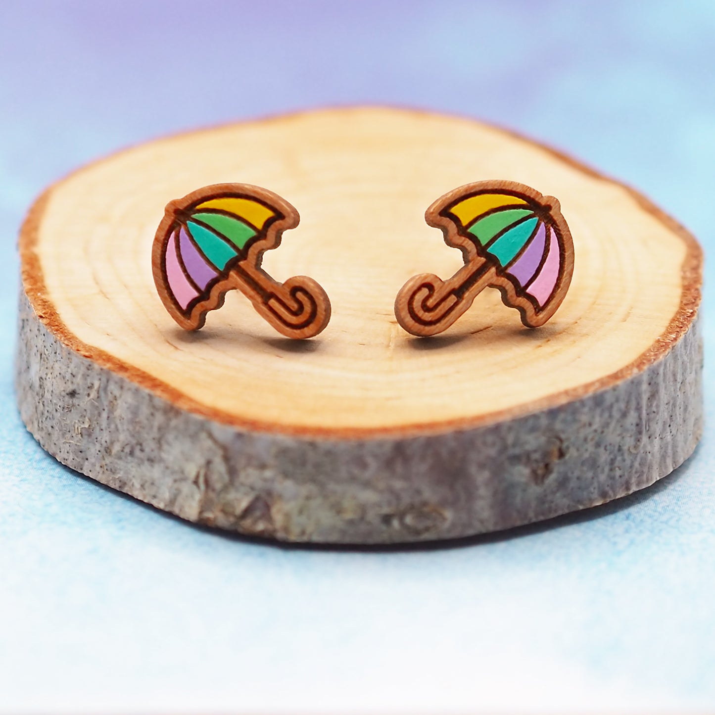 Pastel rainbow umbrella wooden stud earrings