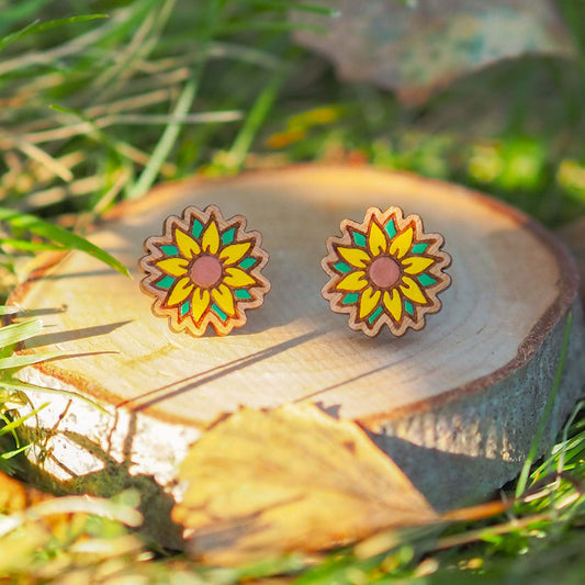 Sunflower stud earrings, solid cherry wood, hand painted, surgical steel backs