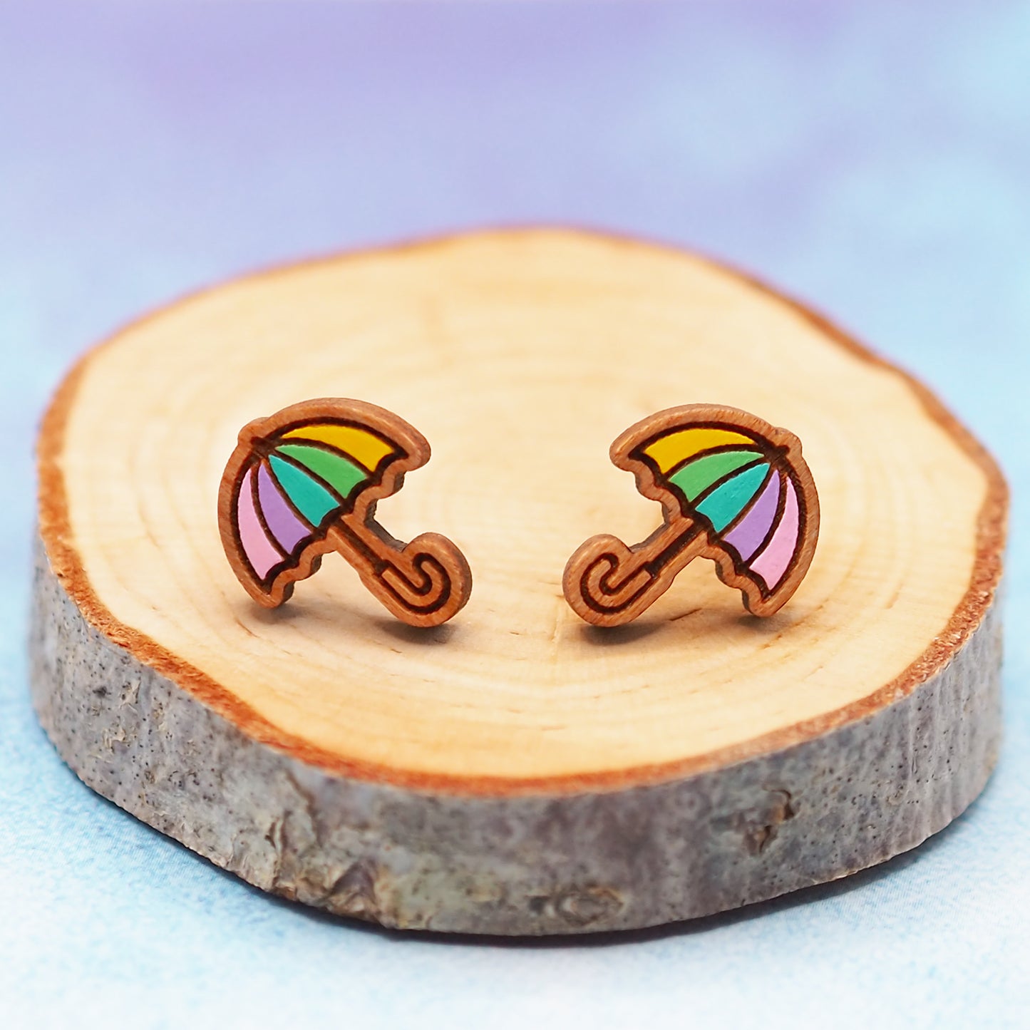 Pastel rainbow umbrella wooden stud earrings