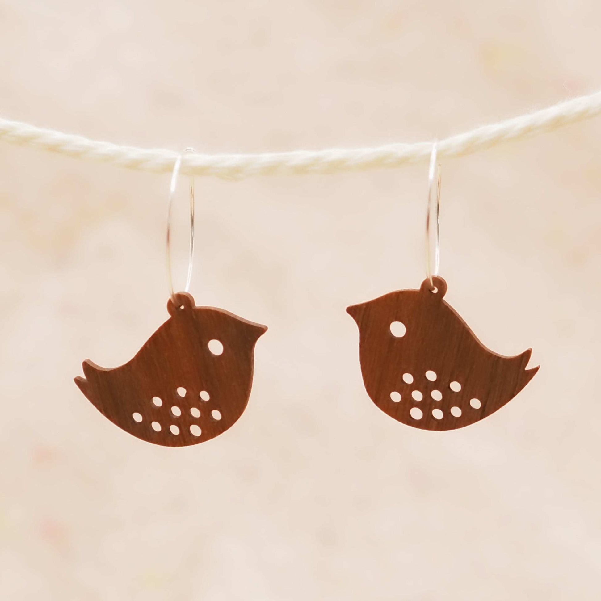 Solid walnut wood quirky bird hoop engraved earrings