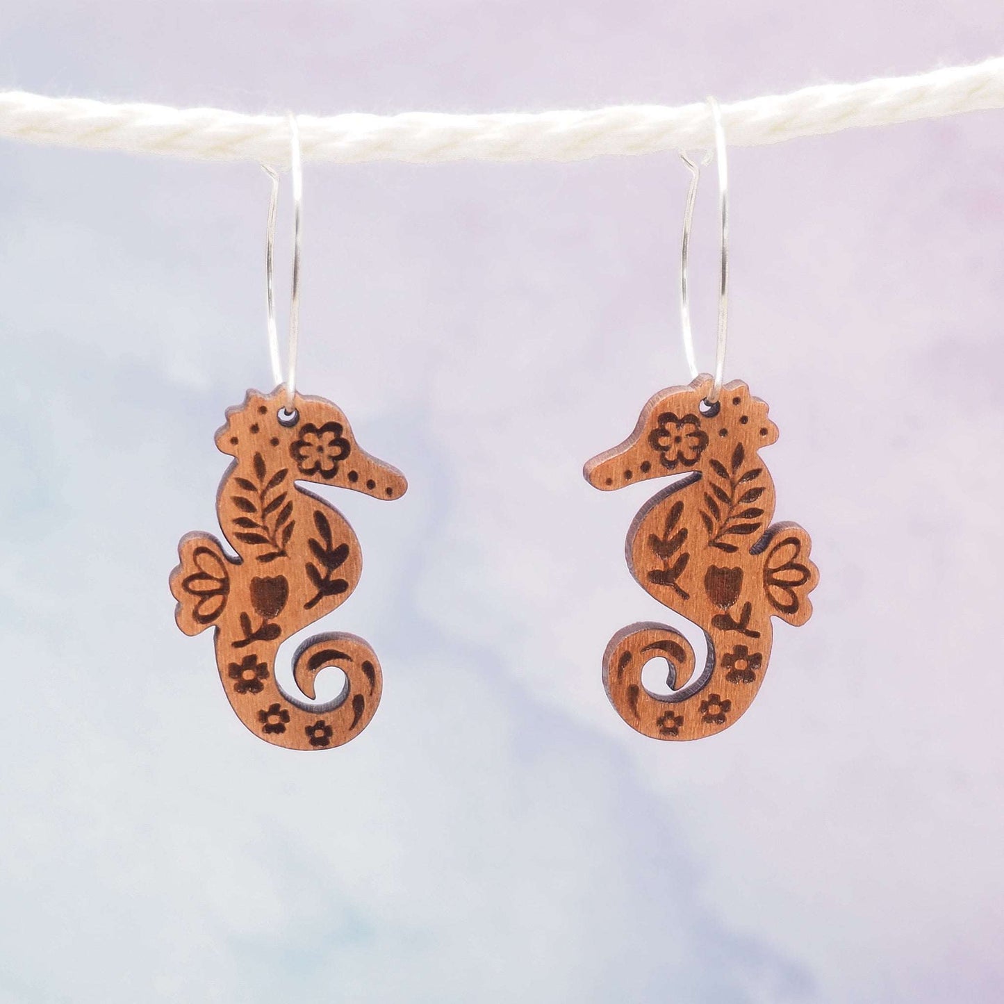 Seahorse engraved hoop earrings, cute, adorable sustainable 