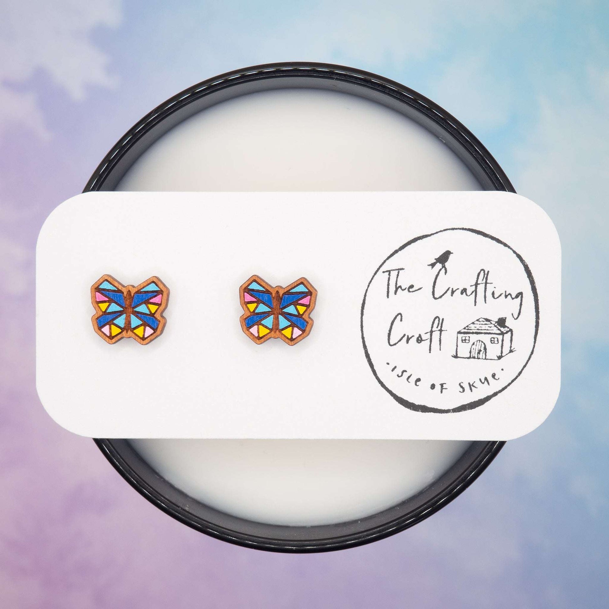 blue butterfly painted stud earrings hand painted from The Isle of Skye