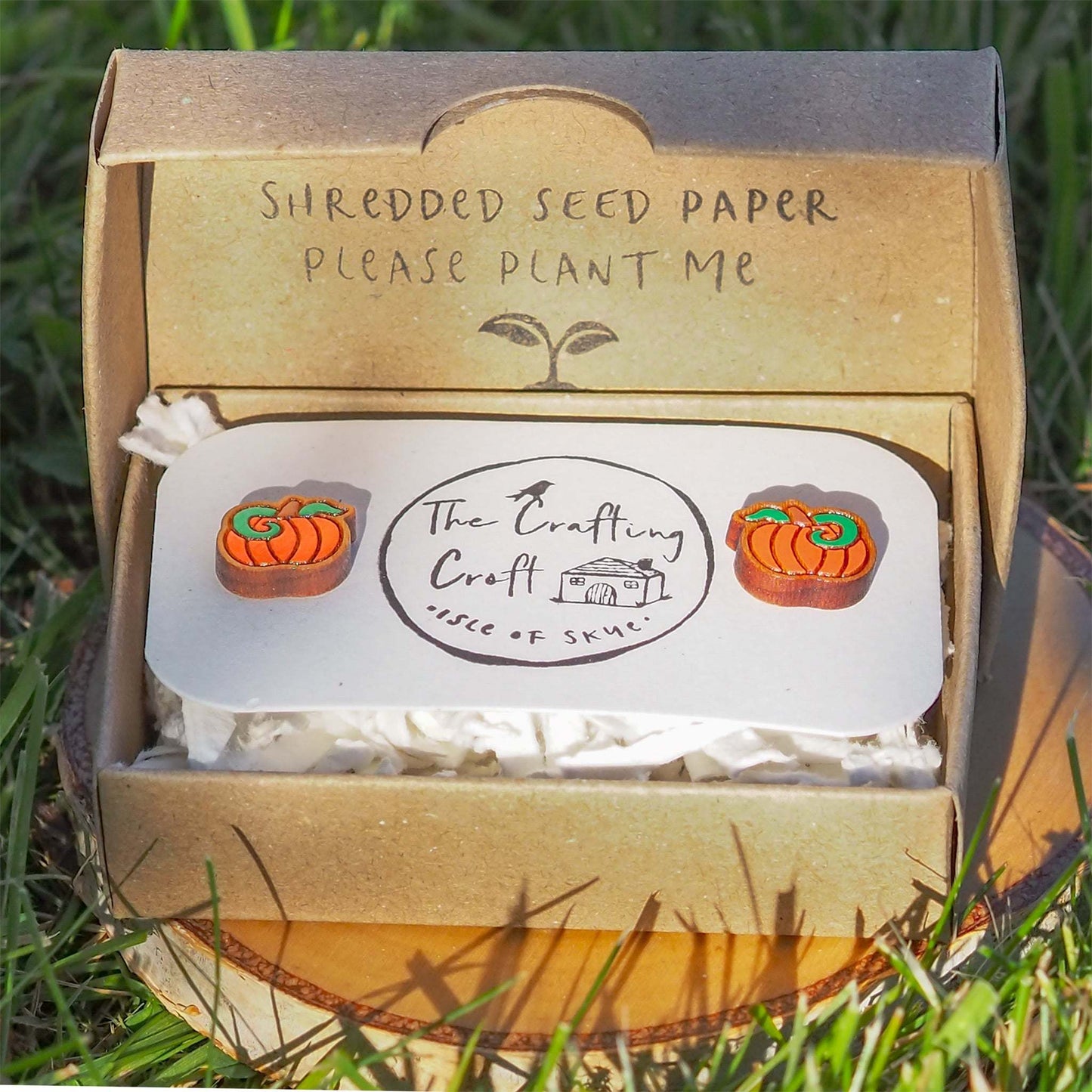 Pumpkin stud earrings for Halloween in our eco-friendly plastic free packaging.