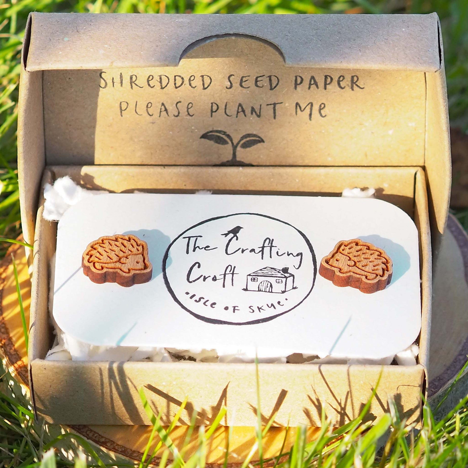 Hedgehog stud earrings in eco-friendly plastic free packaging 