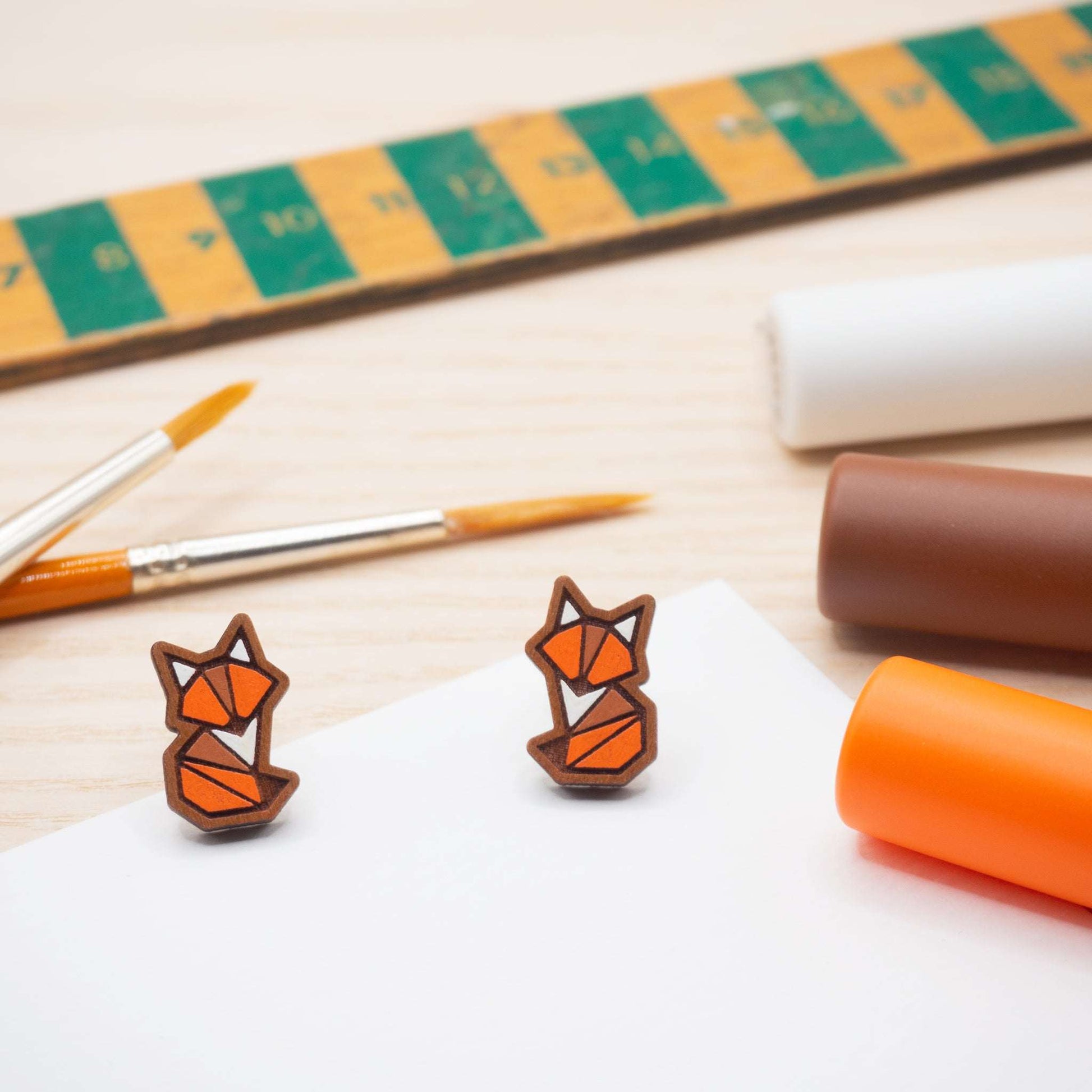 Carefully crafted cherry wood painted fox studs earrings 