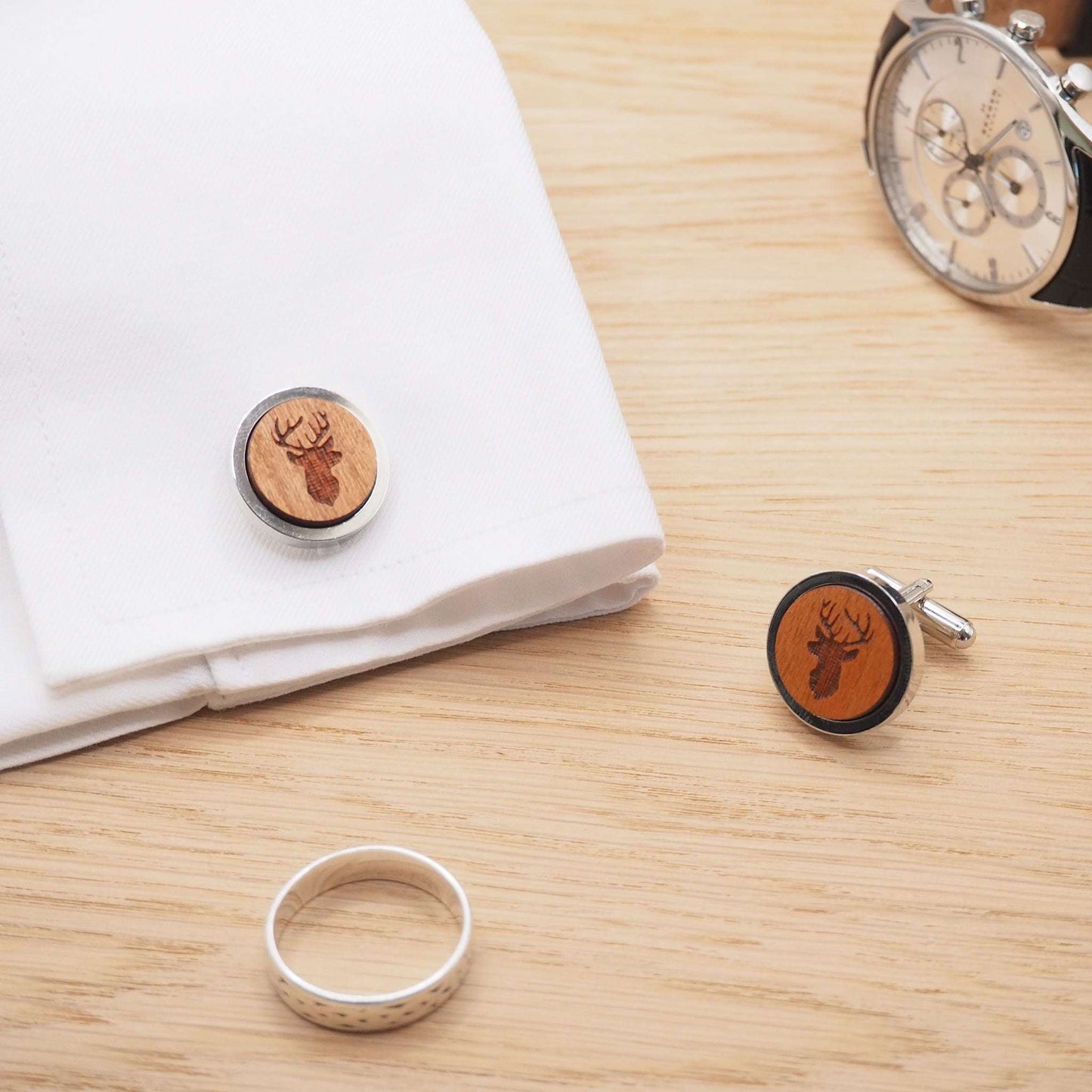 Stags head wooden cufflinks, meticulously engraved on solid cherry wood and sealed