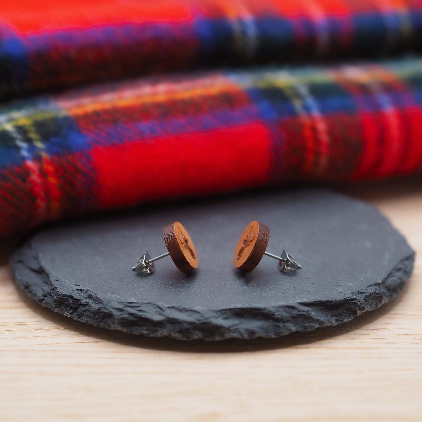 Stag head stud earrings in solid cherry wood