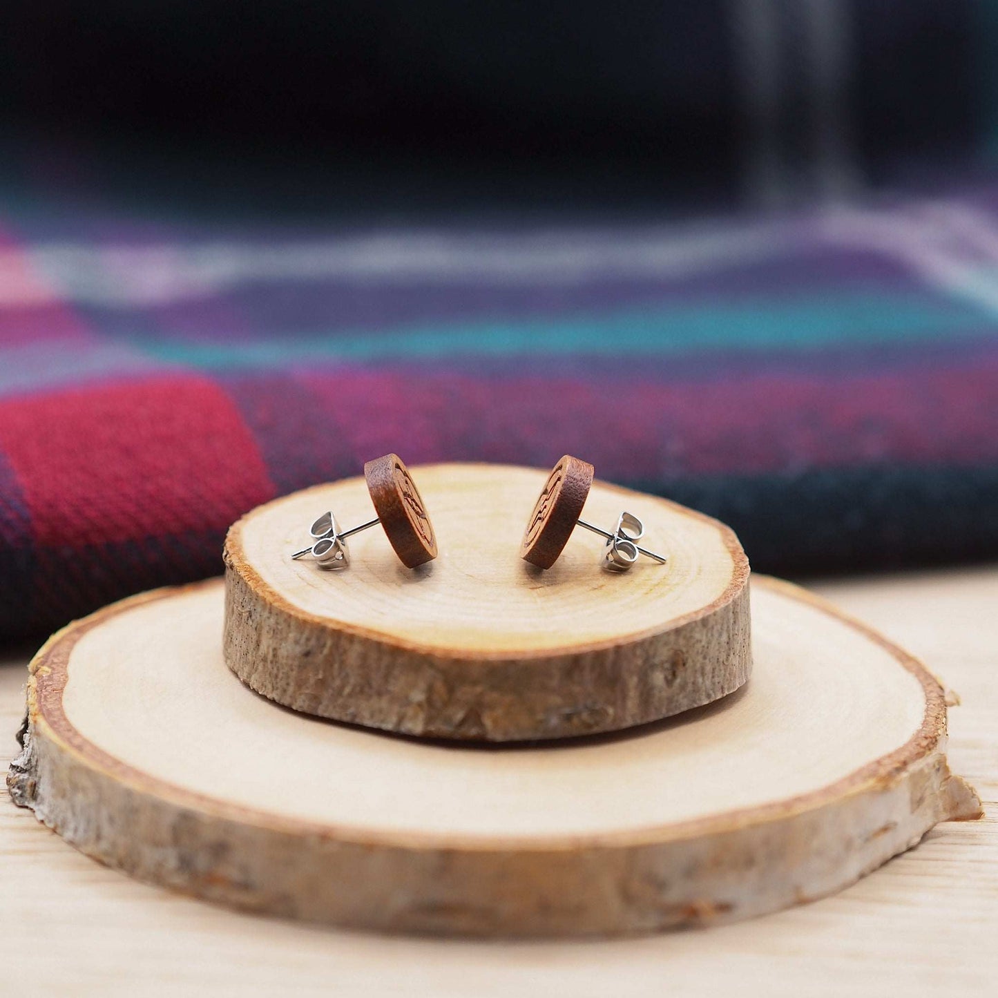 Celtic knot stud earrings laser cut from solid cherry wood