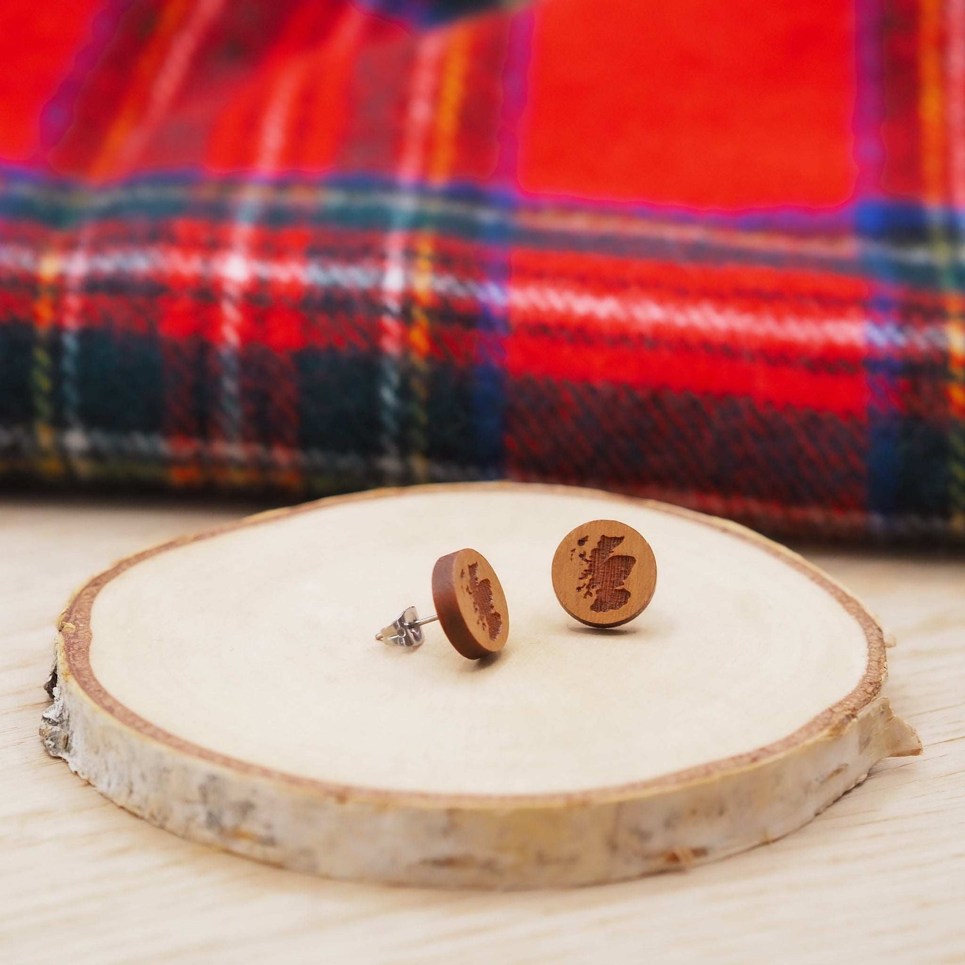 Scottish inspired wooden stud earrings in solid cherry wood