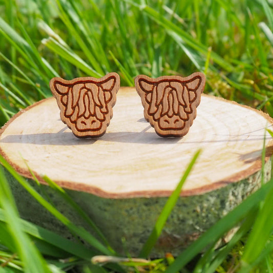 Highland Cow stud earrings solid walnut, engraved, made on the Isle of Skye