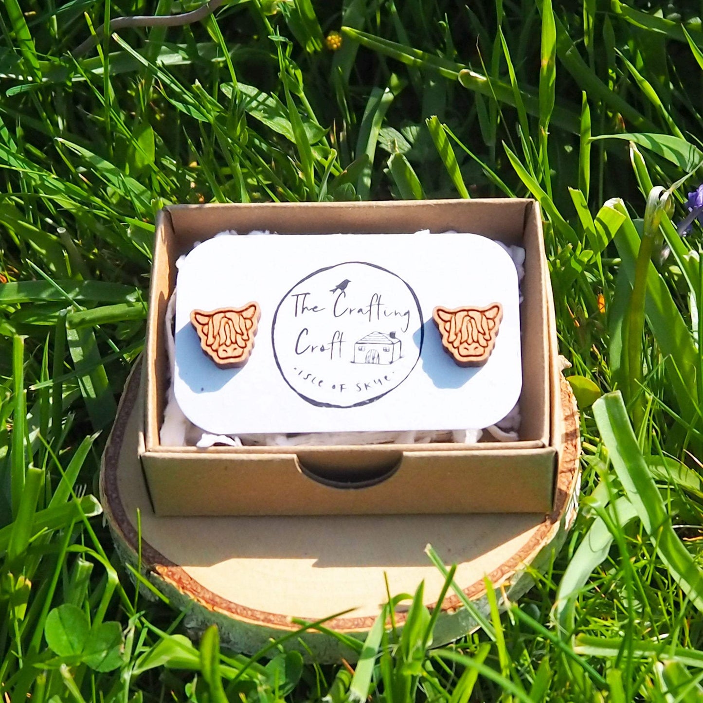 Eco-friendly packaging for our Highland Cow stud earrings